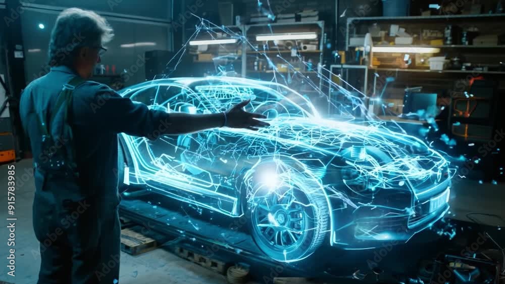 Glowing car hologram and mechanic presenting futuristic vehicle features at garage. Future of automobile maintenance