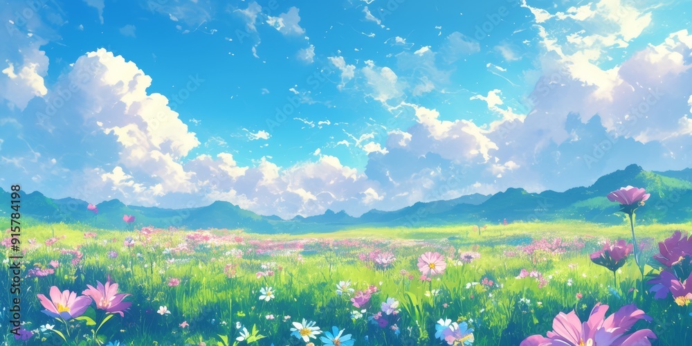Obraz premium Enchanting Chrysanthemum Fantasy Landscape: Vibrant 4K Wallpaper with Abstract Anime-Style Florals. Captivating Digital Art Showcasing Delicate Blooms and Dynamic Skies, Ideal for Book Illustrations a