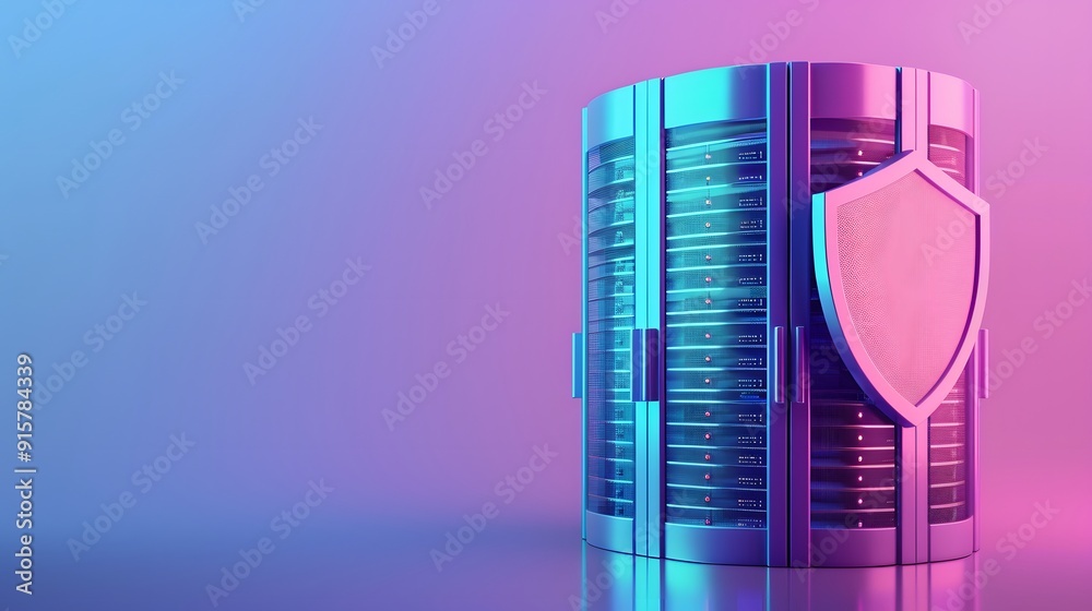 Secure digital database with shield in futuristic colors, representing data protection and cyber security on gradient background. Secure digital database with shield in futuristic colors, representing data protection and cyber security on gradient background.