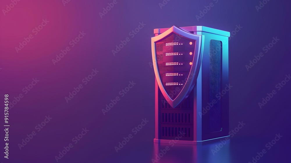 Secure server hosting concept. Shield icon on a server, emphasizing data protection and cybersecurity in a vibrant, futuristic setting. Secure server hosting concept. Shield icon on a server, emphasizing data protection and cybersecurity in a vibrant, futuristic setting.