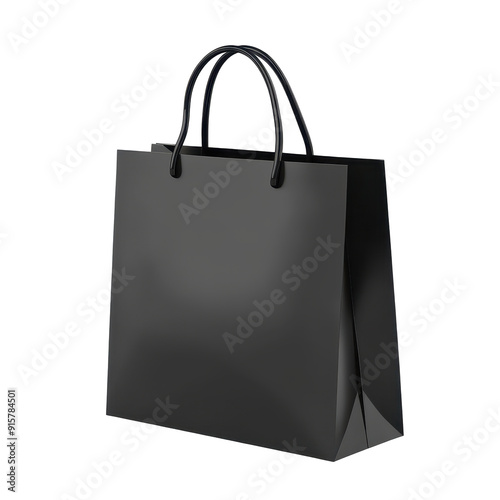 Black shopping bag, sleek design, isolated on white background, modern aesthetics, ideal for retail branding, elegant presentation, versatile for various shopping experiences