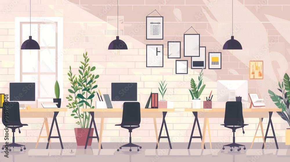 Modern Office Interior Design with Brick Wall and Plants Modern Office Interior Design with Brick Wall and Plants