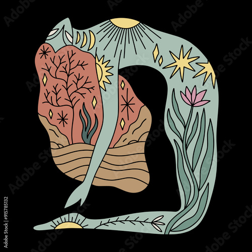 Pretty tattooing girl practicing Kundalini yoga flat doodle cartoon vector clip-art illustration. Young woman doing asana, stretching exercise pilates princess. Female silhouette pose. Sacred divine