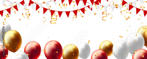 Frame background celebration with garland flag, confetti and helium balloons