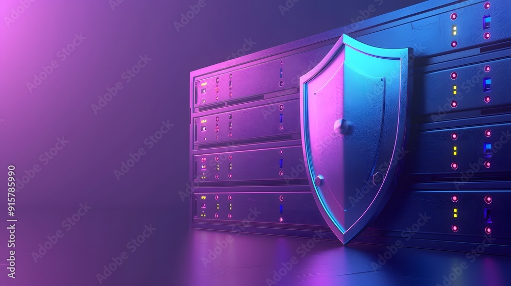 Server security concept with a shield and data center servers, showcasing cybersecurity and protection in a purple-lit environment.