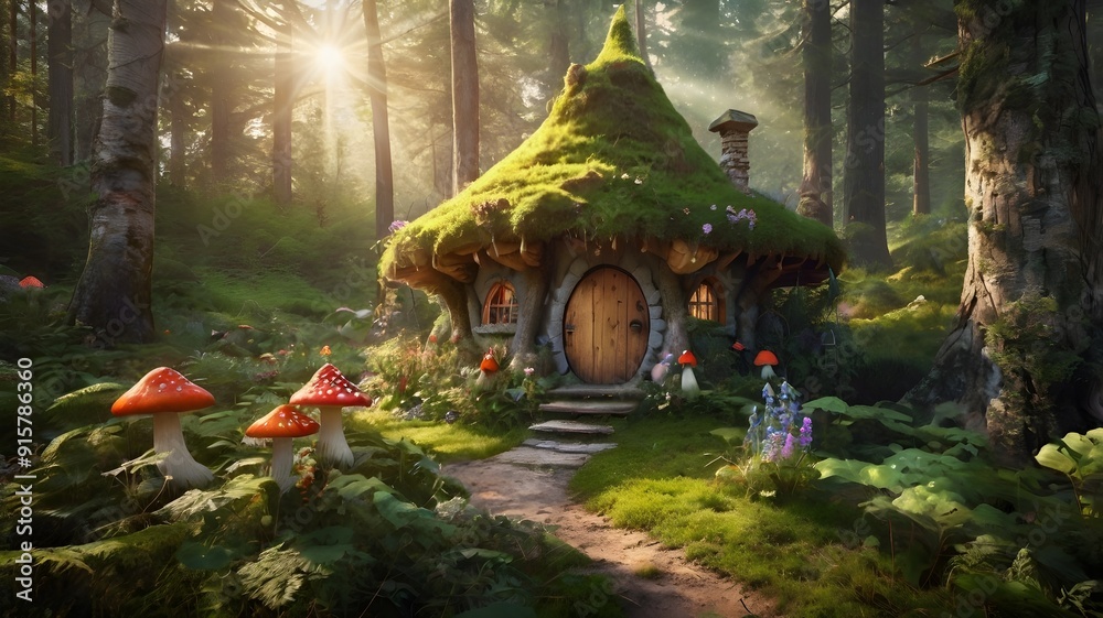 Obraz premium Fairytale tree house in a mysterious forest, house of pixies and elves. template for design.