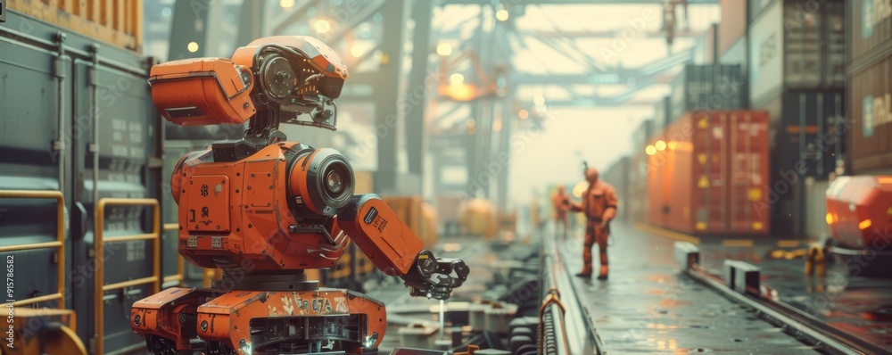 High-resolution image of robotic assistant at industrial shipping port with workers High-resolution image of robotic assistant at industrial shipping port with workers