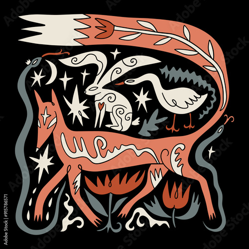 Wild folk Scandinavian style cartoon doodle animals set flat vector illustration clip-art