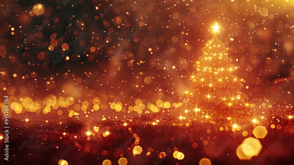 Fototapeta premium A Christmas tree with a star on top is surrounded by a blurry background