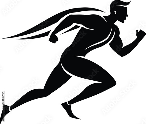 Silhouette vector logo of an athletic runner in motion, simple shapes and lines, white background