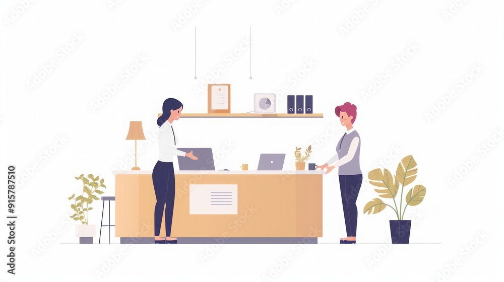 Receptionist Greeting Customer in Modern Office Illustration Receptionist Greeting Customer in Modern Office Illustration