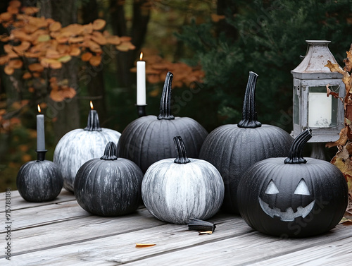 black and gray Halloween decor with jack-o-lantern pumpkins photo