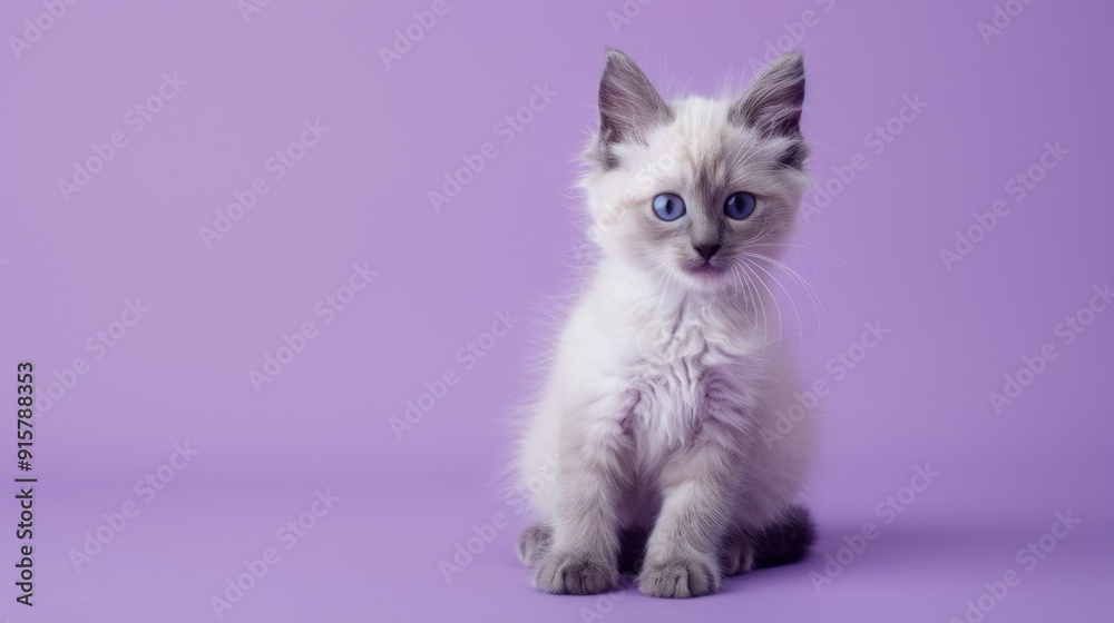 Cute Kitten with Blue Eyes on Purple Background Cute Kitten with Blue Eyes on Purple Background