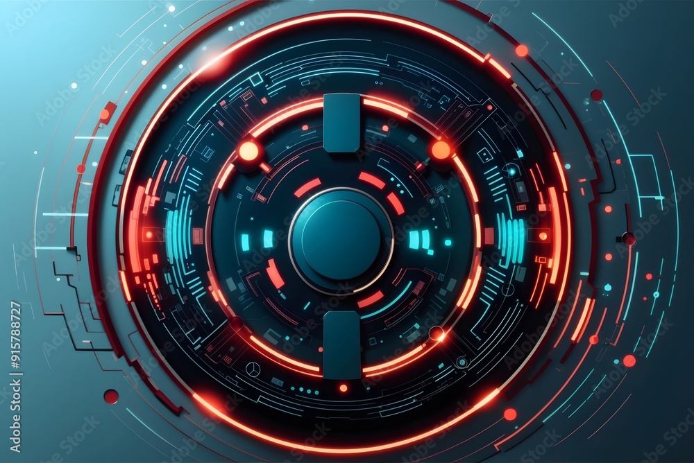 Digital circles with blue glowing dots and sci-fi HUD circle. Big Data visualization into cyberspace. Network Information Decay. Futuristic background. Vector illustration. EPS 10.
