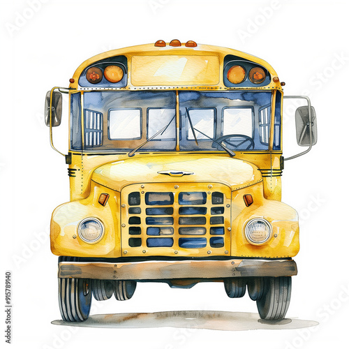 Watercolor Yellow School Bus Front View on White Background