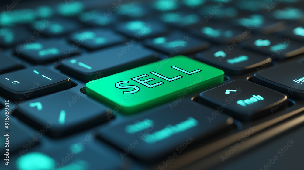 Green sell key on a black keyboard is glowing Green sell key on a black keyboard is glowing