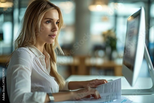 Free Download Beautiful businesswoman gracefully pushing paper documents away to work with digital documents on her elegant computer, embodying the modern transformation of tax and invoice processing - GFXLoad