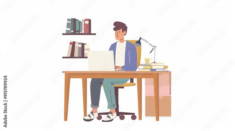 Man Working at Home Office Desk with Laptop and Books