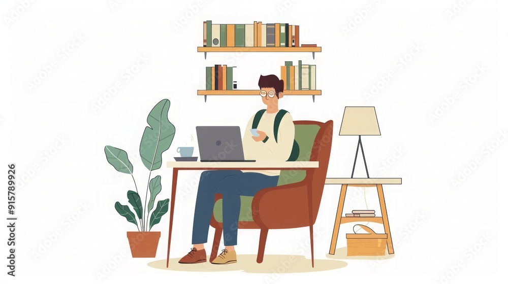 Fototapeta premium Man Working at Home Office Desk with Laptop and Bookshelf