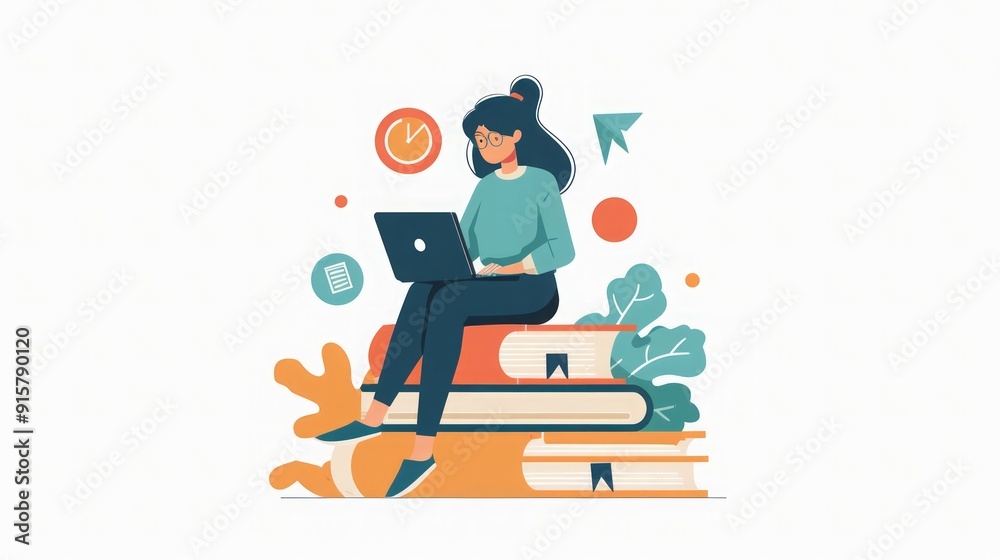 Woman Working on Laptop on Stack of Books - Digital Illustration Woman Working on Laptop on Stack of Books - Digital Illustration