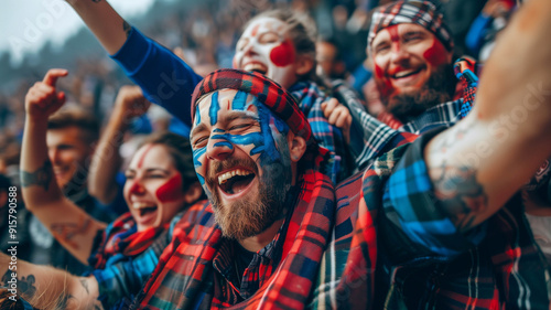 A group of enthusiastic Scottish football fans cheering in a stadium, dressed in traditional tartan kilts and face paint