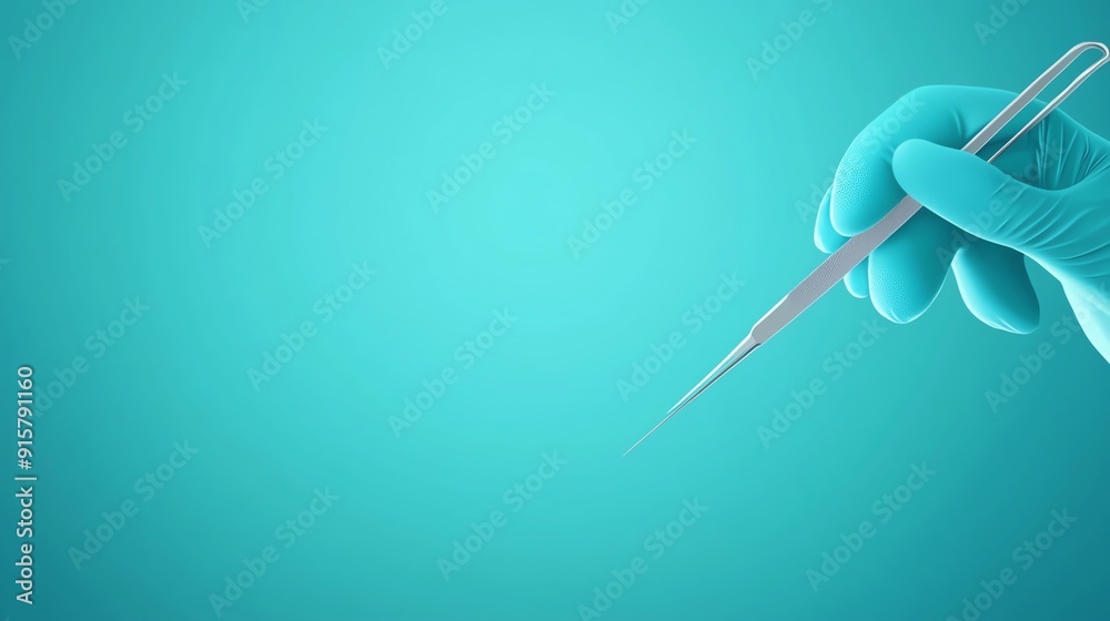 Close-up of a hand in a surgical glove holding a pipette against a turquoise background, ideal for medical and laboratory themes.
