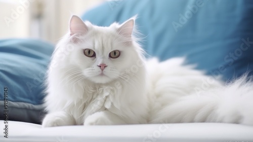 A Fluffy White Cat Relaxing on a Bed