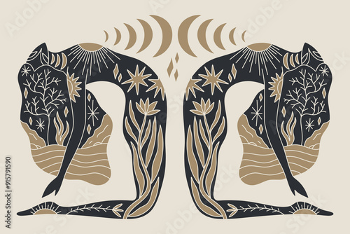 Pretty tattooing girl practicing Kundalini Moon yoga flat doodle cartoon vector clip-art illustration. Young woman doing asana, stretching exercise pilates princess. Female silhouette pose. Sacred