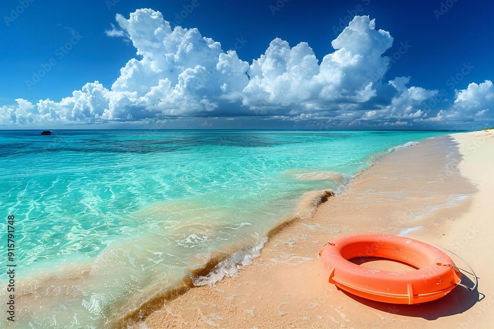 Beautiful panoramic view of a single lifebuoy on sand at the beach. Beautiful panoramic view of a single lifebuoy on sand at the beach.