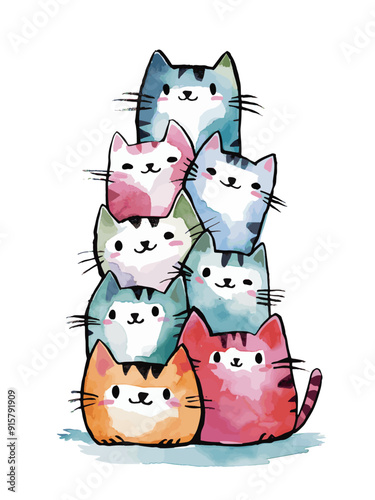 A vibrant and minimalist watercolor illustration featuring a stack of cute, smiling cats