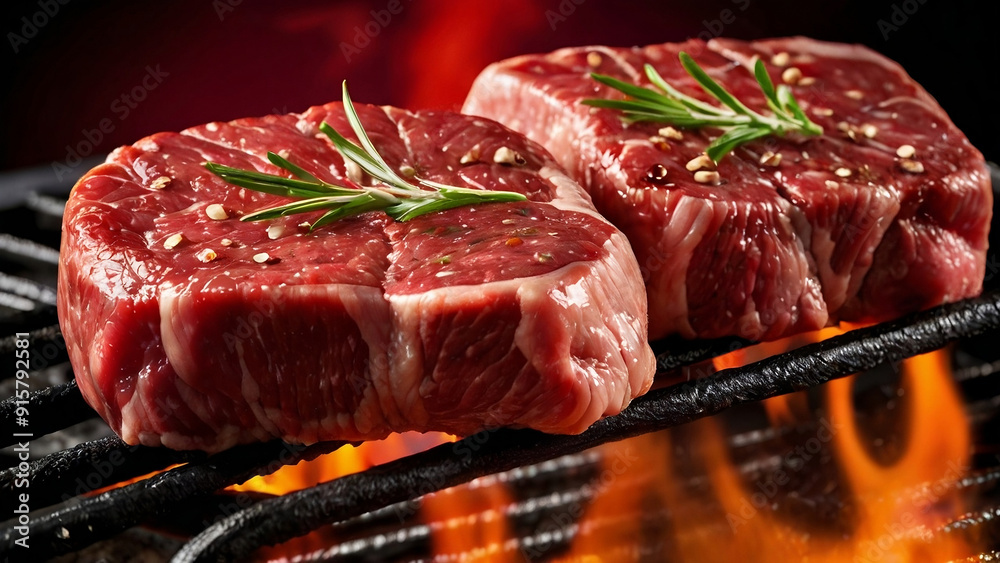 Raw beef steak on the grill with fresh rosemary and pepper, ready for grilling. Raw beef steak on the grill with fresh rosemary and pepper, ready for grilling.
