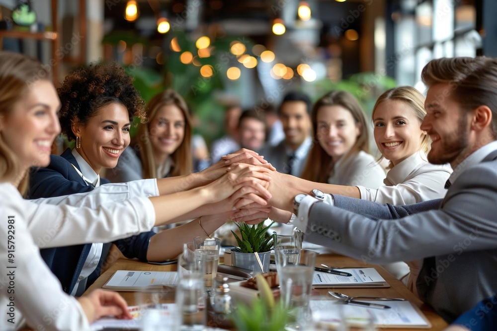 Beautiful businesspeople stacking hands together in camaraderie and teamwork, demonstrating integration and group bonding in the office. Beautiful businesspeople stacking hands together in camaraderie and teamwork, demonstrating integration and group bonding in the office.