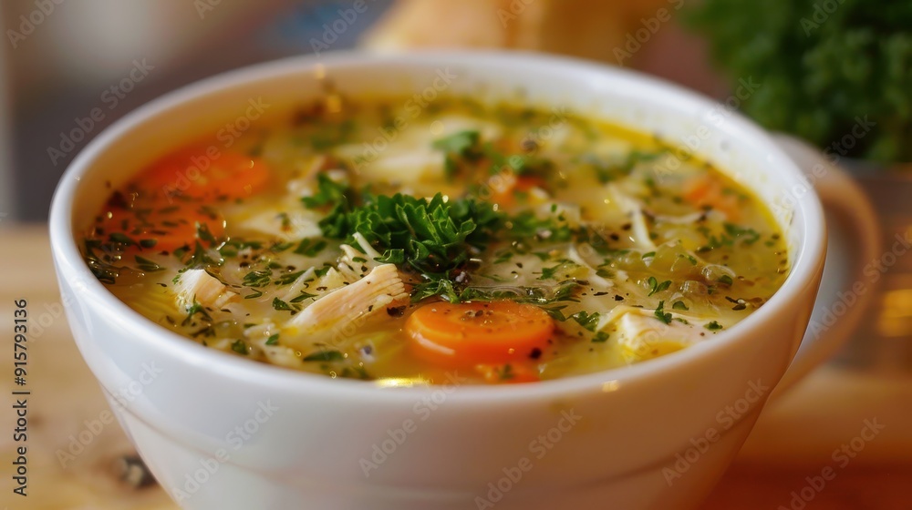 Chicken noodle soup with visible ingredients such as chicken, carrots, and noodles Chicken noodle soup with visible ingredients such as chicken, carrots, and noodles