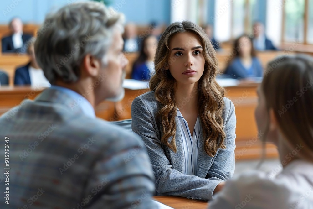 beautiful couple sits in front of a judge during divorce mediation in a judicial courtroom. beautiful couple sits in front of a judge during divorce mediation in a judicial courtroom.