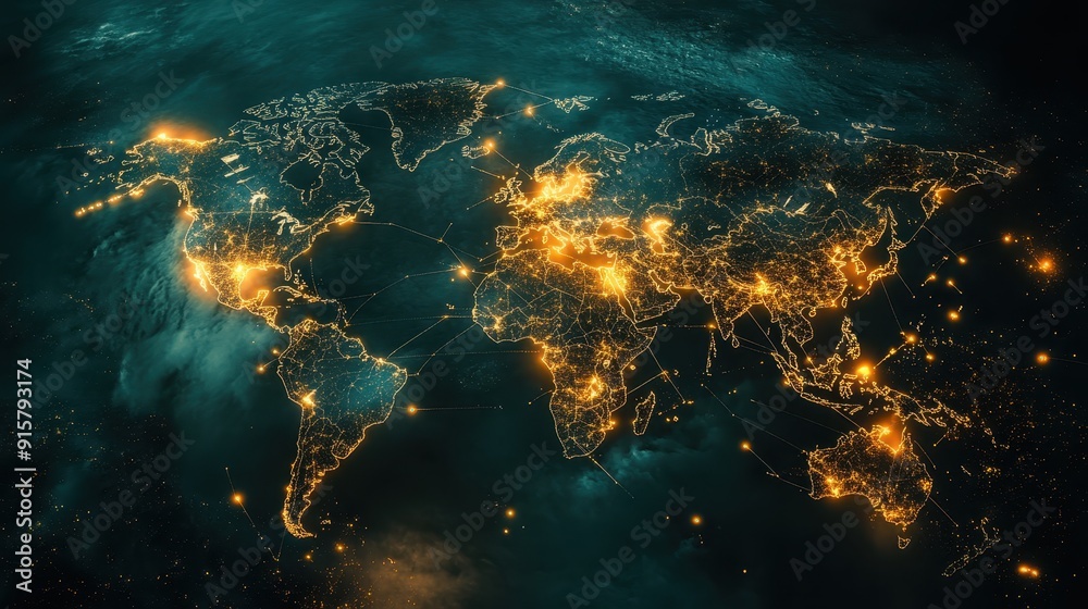 Obraz premium Stylized representation of Earth at night, focusing on the interconnectedness of global cities through a network of glowing lines, likely symbolizing transportation or communication routes