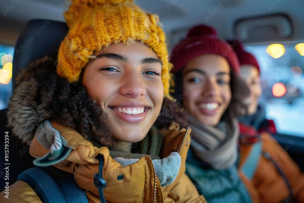 Beautiful group of multi-racial friends happily sitting in a car, enjoying a road trip together. Beautiful group of multi-racial friends happily sitting in a car, enjoying a road trip together.