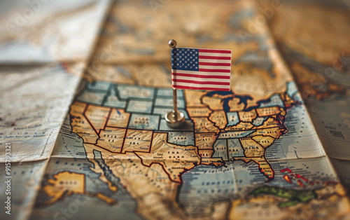 The Flag of United States on the old World Map