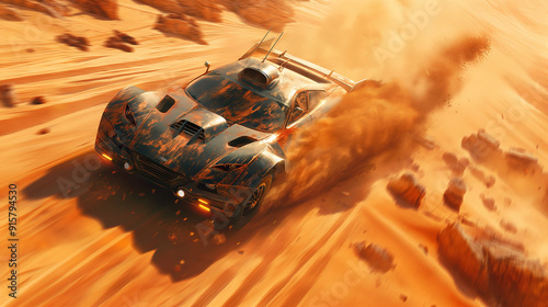 A symphony of motion. The AI-generated vehicle navigates the dunes with breathtaking agility. photo