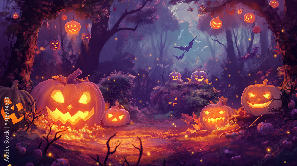 Enchanted Halloween Forest with Glowing Jack-o-lanterns and Mystical Atmosphere