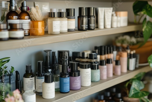 A beautifully organized shelf displaying an array of skincare products in a cozy store