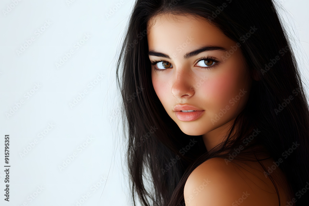 Beautiful young European woman with clean fresh skin on white background. Face care, Facial treatment concept