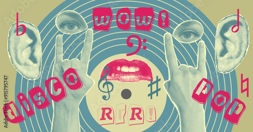 Karaoke music collage with halftone stickers hands lips and inscriptions, musical notations Cut out from newspapers, magazines, torn paper Poster design Vinyl player, mouth, hears Vector illustration