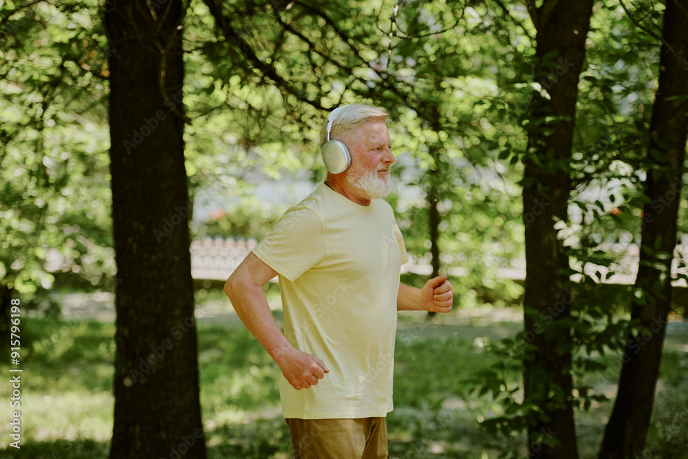 Senior man enjoying running in summer morning while pleasant music playing in his headphones Senior man enjoying running in summer morning while pleasant music playing in his headphones