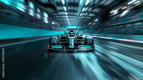 Powerful acceleration of a generic blue Formula One car on the night racing track of a sports stadium in motion blur. The concept of fast and powerful technology. 3d illustration