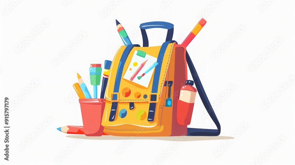 Colorful Backpack with Art Supplies - Back to School Illustration Colorful Backpack with Art Supplies - Back to School Illustration
