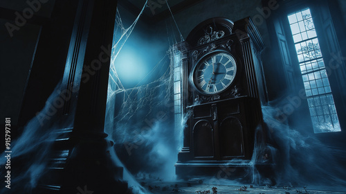 Mysterious Grandfather Clock in an Abandoned House with Moonlight Streaming Through Broken Windows