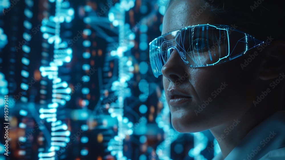 A researcher focused on gene editing, using precision CRISPR tools, in a futuristic laboratory. Advanced lab setting with digital readouts, DNA graphics, and sophisticated tools. Bright,