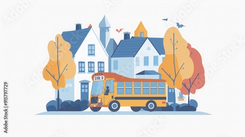 School Bus Illustration: A Colorful Suburban Scene