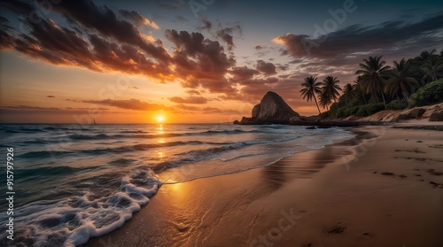 Golden Sunset Over Tranquil Tropical Beach with Gentle Waves and Palm Trees