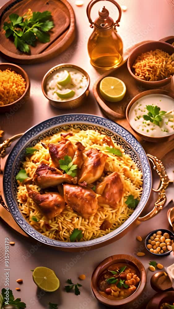 Traditional aromatic Chicken Biryani with rice, authentic Indian food with spices on restaurant table. Vertical. Traditional aromatic Chicken Biryani with rice, authentic Indian food with spices on restaurant table. Vertical.